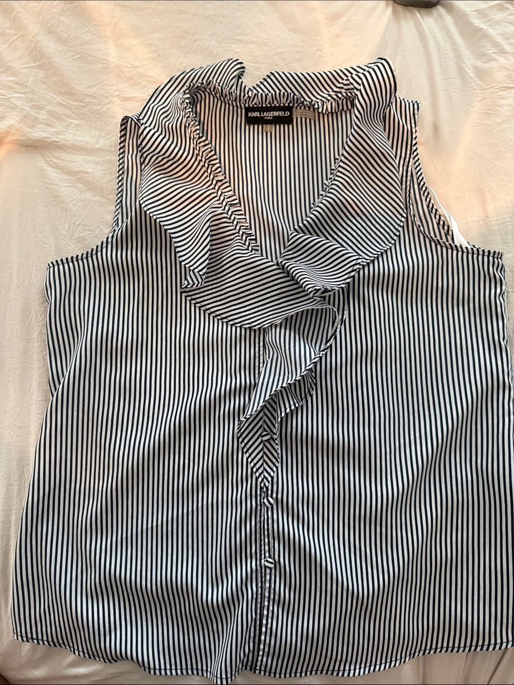 Karl Lagerfeld Navy & White Striped Ruffle Button-Front Camisole